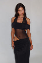 Trendy Off-Shoulder Color Block Bodycon Maxi Dress