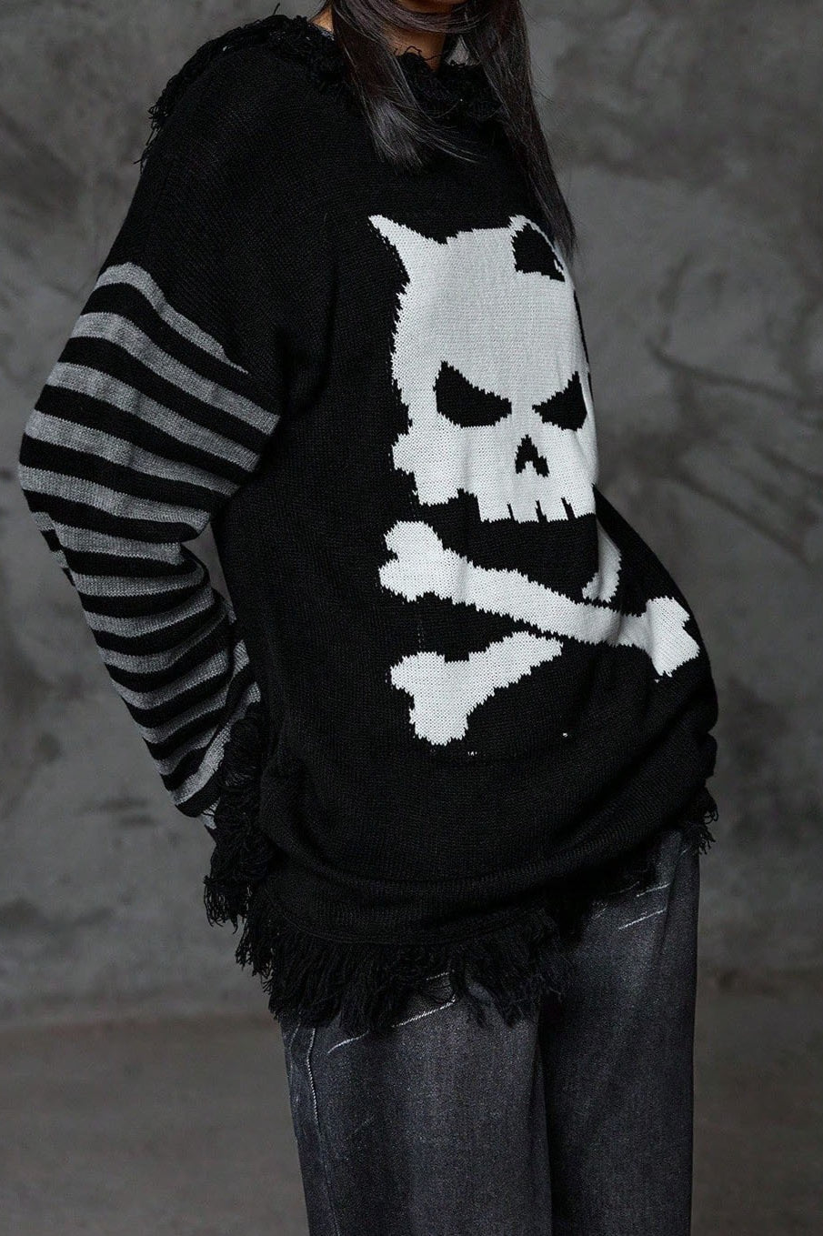 Y2K Skull Striped Knit Hoodie