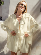 Ruffled Hem Tie Front Cardigan & Shorts Set Blouse