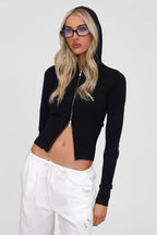Casual Zip Up Hooded Blouse