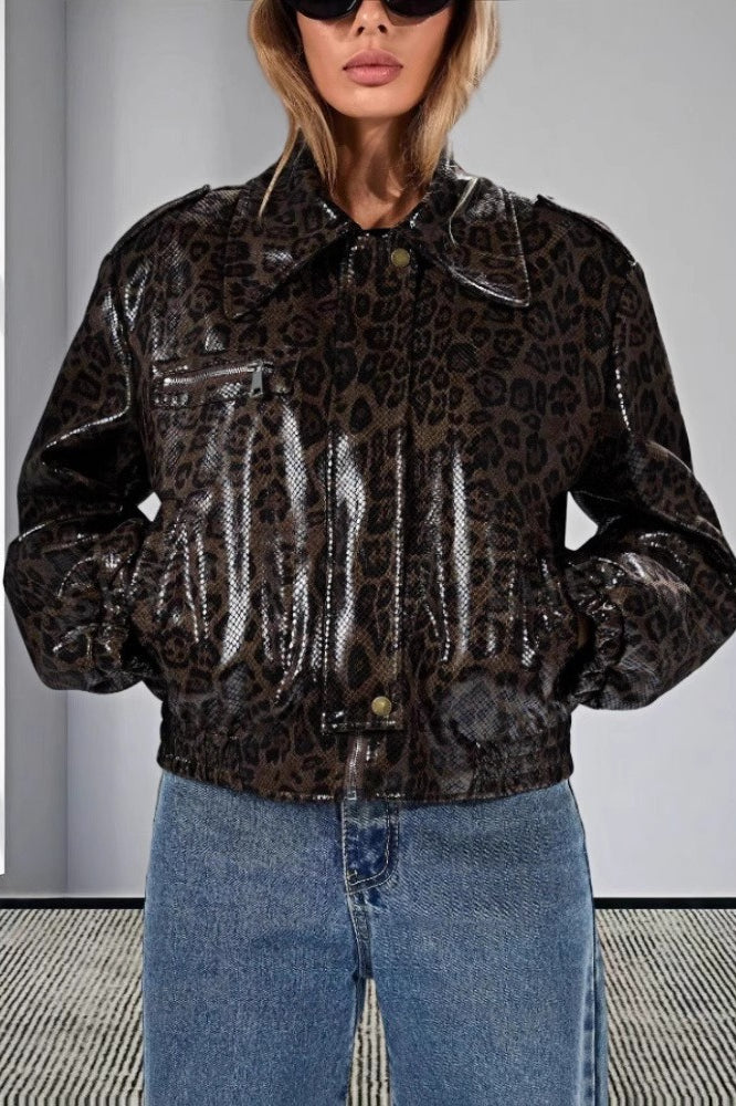 Vintage Leopard Trim PU Jacket