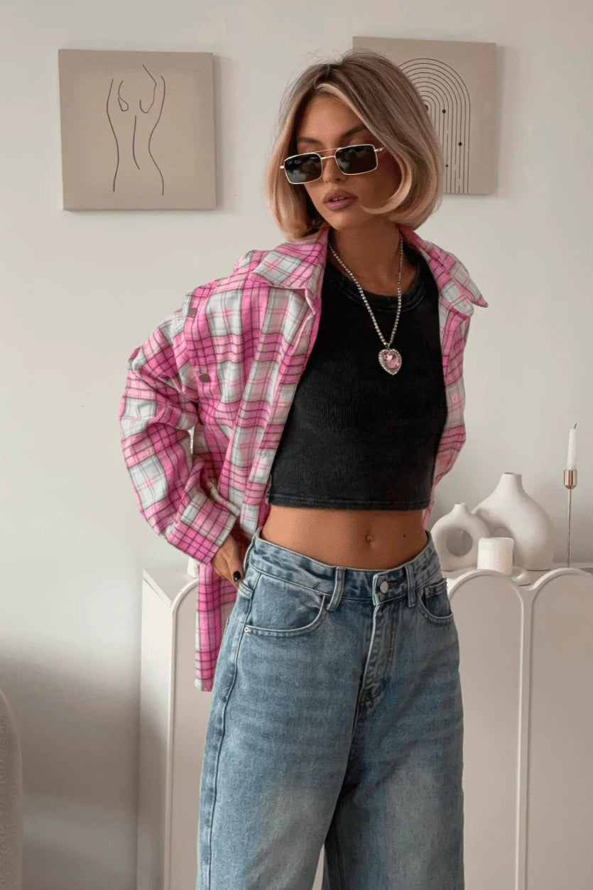 Pink Plaid Loose Fit Button-Up Blouse