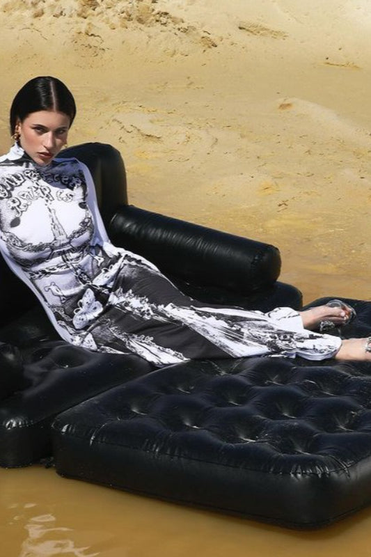 Halloween Black Floral High Neck Long Sleeve Dress