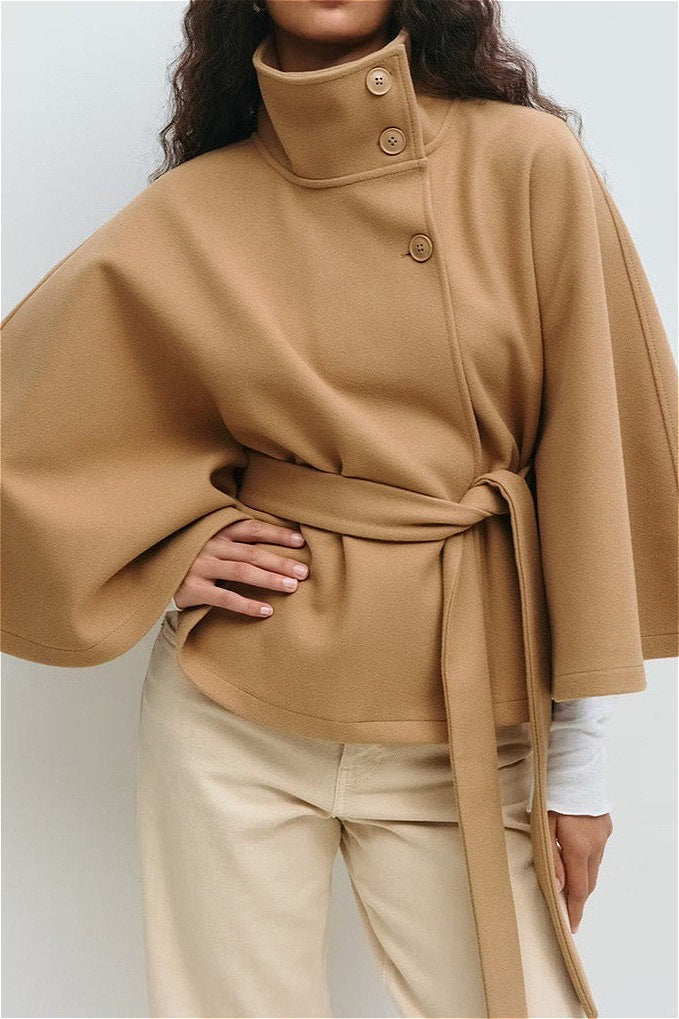 Button Up Stand Collar Cape Coat