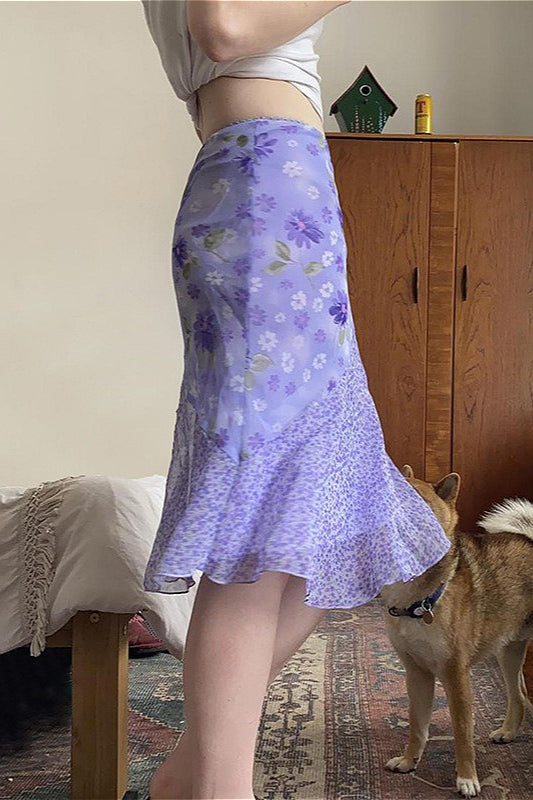 Floral Purple Patchwork Asymmetrical Tulle High Waist Skirt