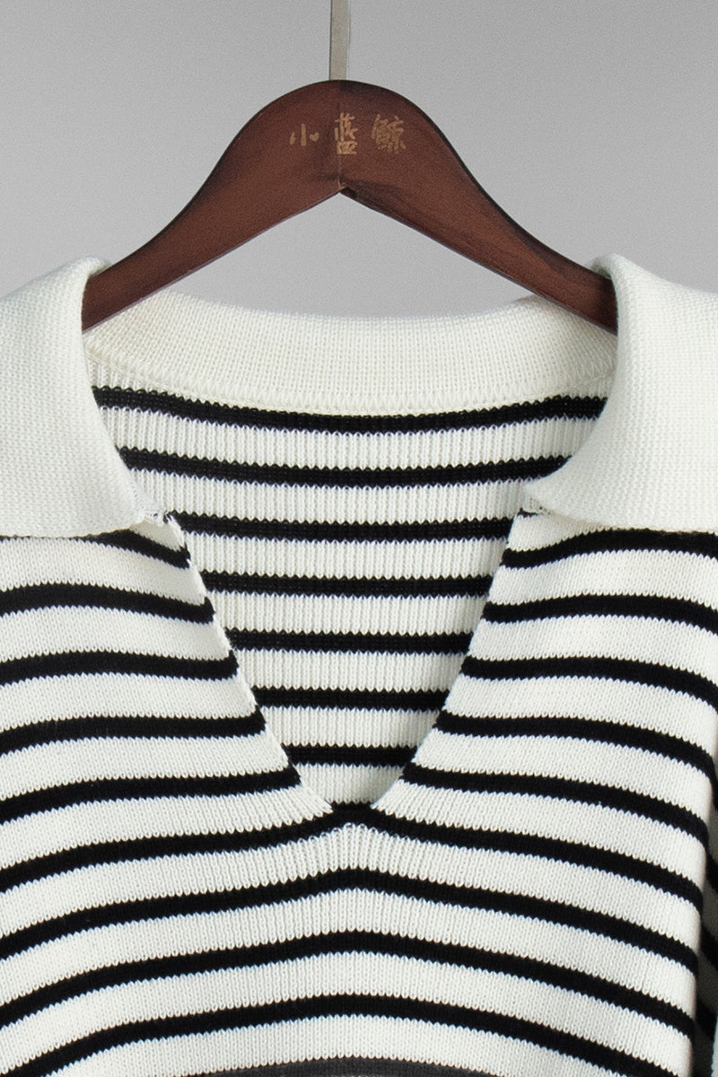 Striped Polo Neck Loose Fit Knit Sweater