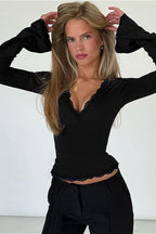 Vintage Lace Trim V-Neck Slim Fit Long Sleeve Blouse