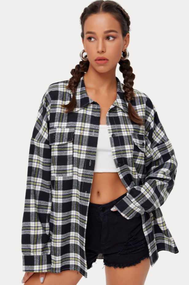 Plaid Stand Collar Button Shirt  Blouse