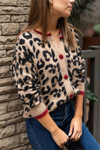 Leopard Print Crewneck Cardigan Sweater