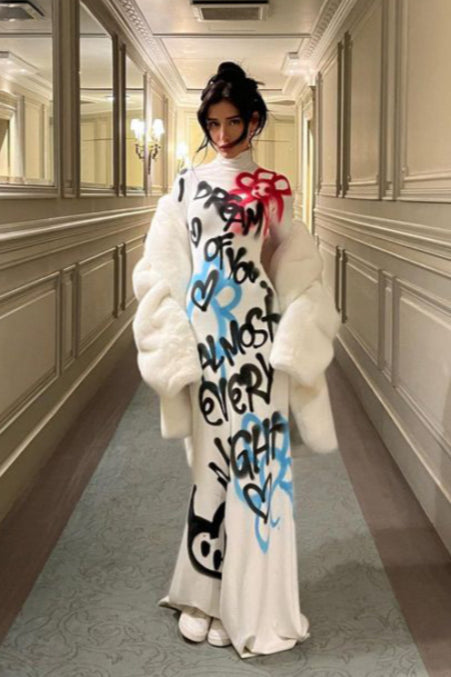 Sexy High Neck Graffiti Color Block Bodycon Maxi Dress