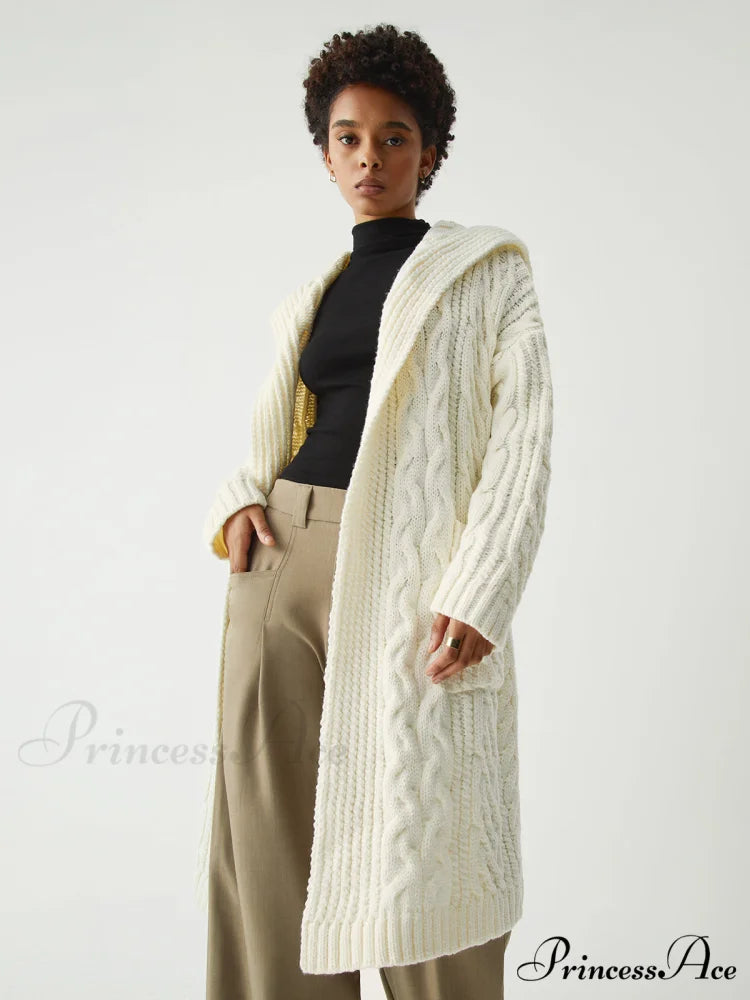 Cable Knit Graceful Hooded Longline Cardigan