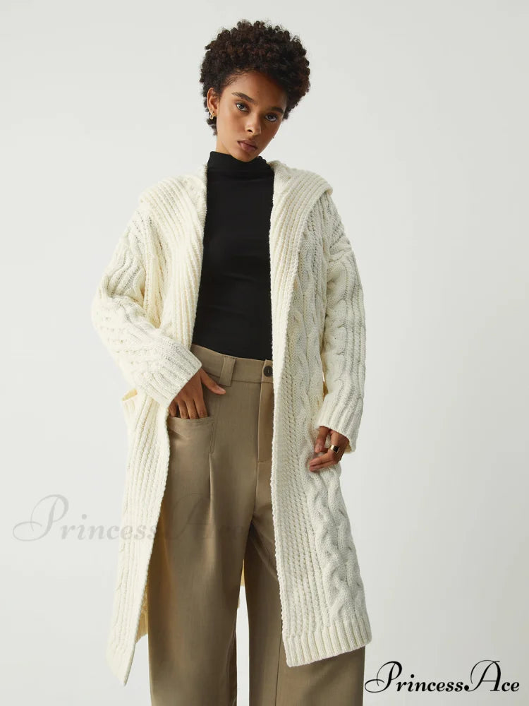 Cable Knit Graceful Hooded Longline Cardigan
