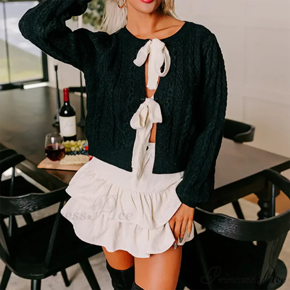 Cable Knit Split Front Bow Cardigan