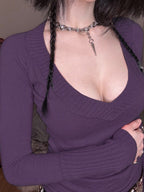 Ribbed Deep V Neck Knit Blouse