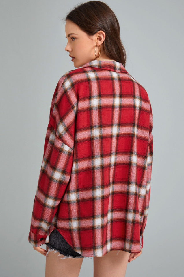 Plaid Stand Collar Button Shirt  Blouse