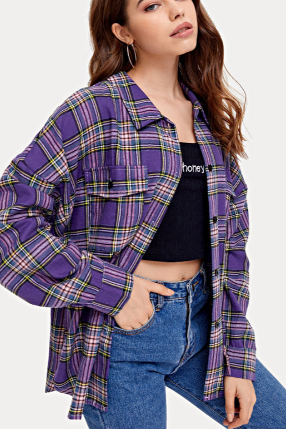 Plaid Stand Collar Button Shirt  Blouse