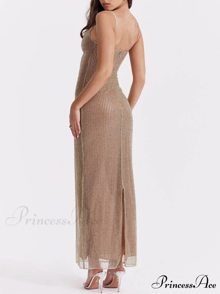 Cafe Au Lait Charming Beaded Maxi Dress