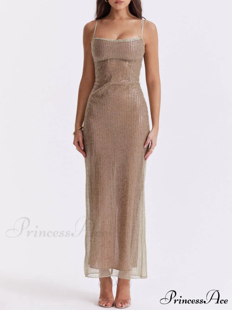 Cafe Au Lait Charming Beaded Maxi Dress
