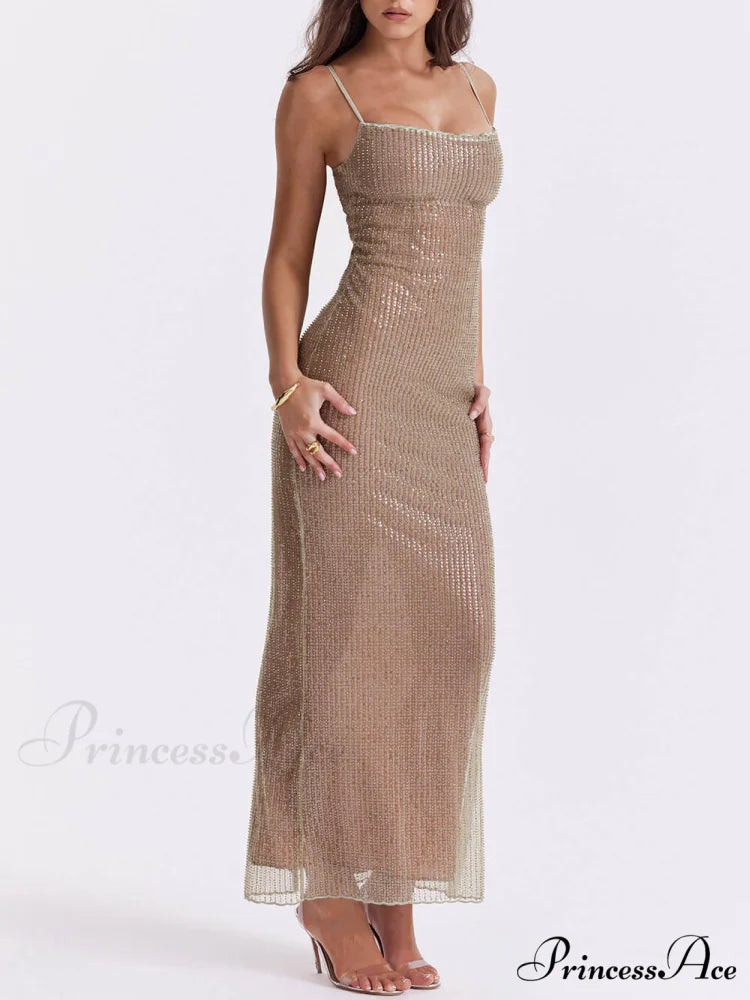 Cafe Au Lait Charming Beaded Maxi Dress