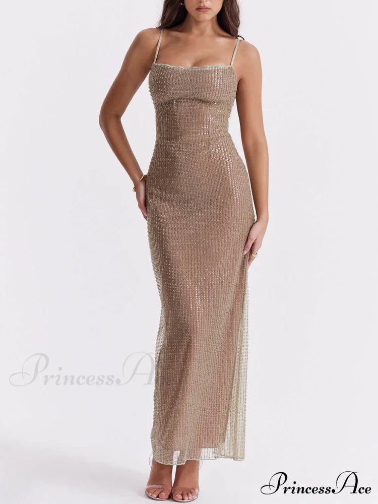 Cafe Au Lait Charming Beaded Maxi Dress