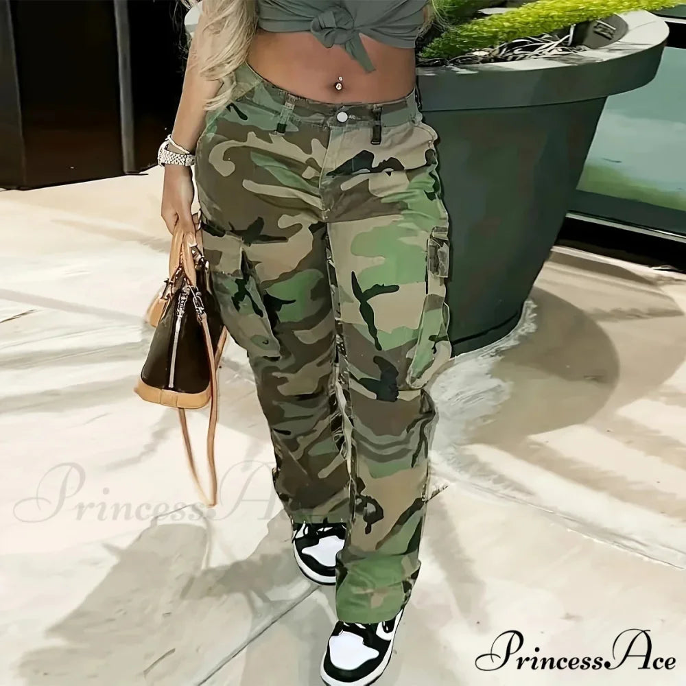 Camo Print Side Flap Pocket Cargo Loose Fit Stretchy Y2K Kpop Denim Women's Denim & Clothing Jean