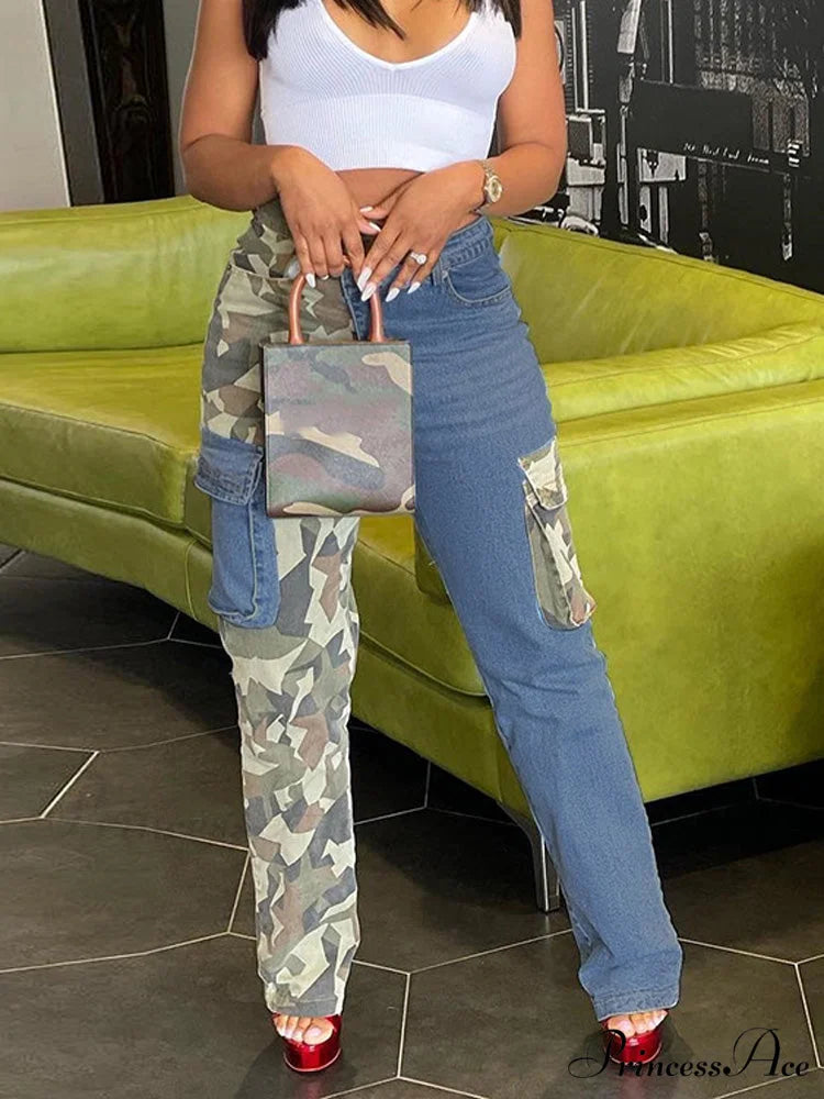 Camouflage Denim Graceful Patchwork Pants