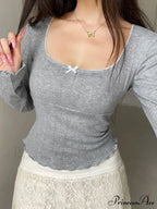Candy Firm Bow Thin Square Neck Long Sleeve Knit Top