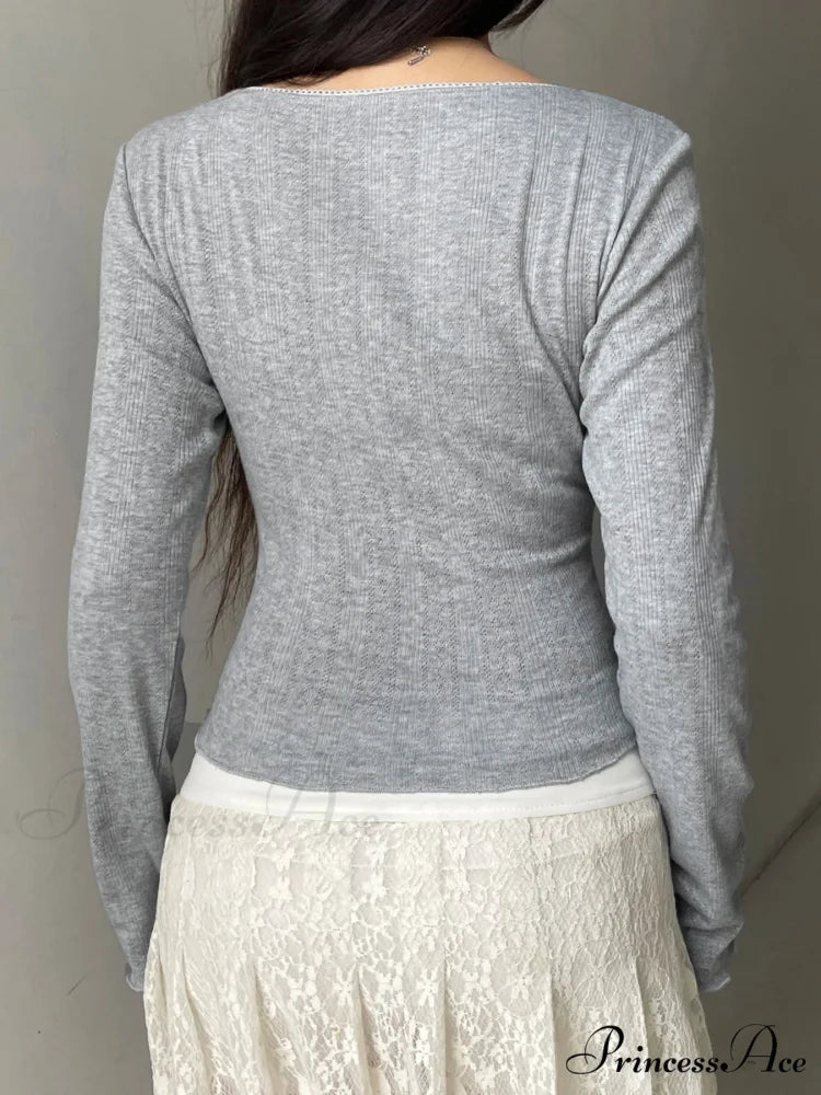 Candy Firm Bow Thin Square Neck Long Sleeve Knit Top