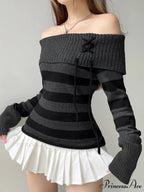 Candy Striped Bandage Knitted Slash Neck Extended Sleeve Pullover Jumper