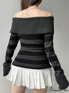 Candy Striped Bandage Knitted Slash Neck Extended Sleeve Pullover Jumper