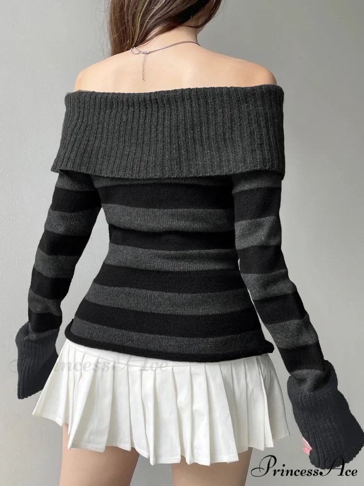 Candy Striped Bandage Knitted Slash Neck Extended Sleeve Pullover Jumper
