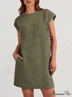 Cap Sleeve Crew Neck Graceful Casual Loose Basic Mini Dress