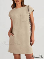 Cap Sleeve Crew Neck Graceful Casual Loose Basic Mini Dress