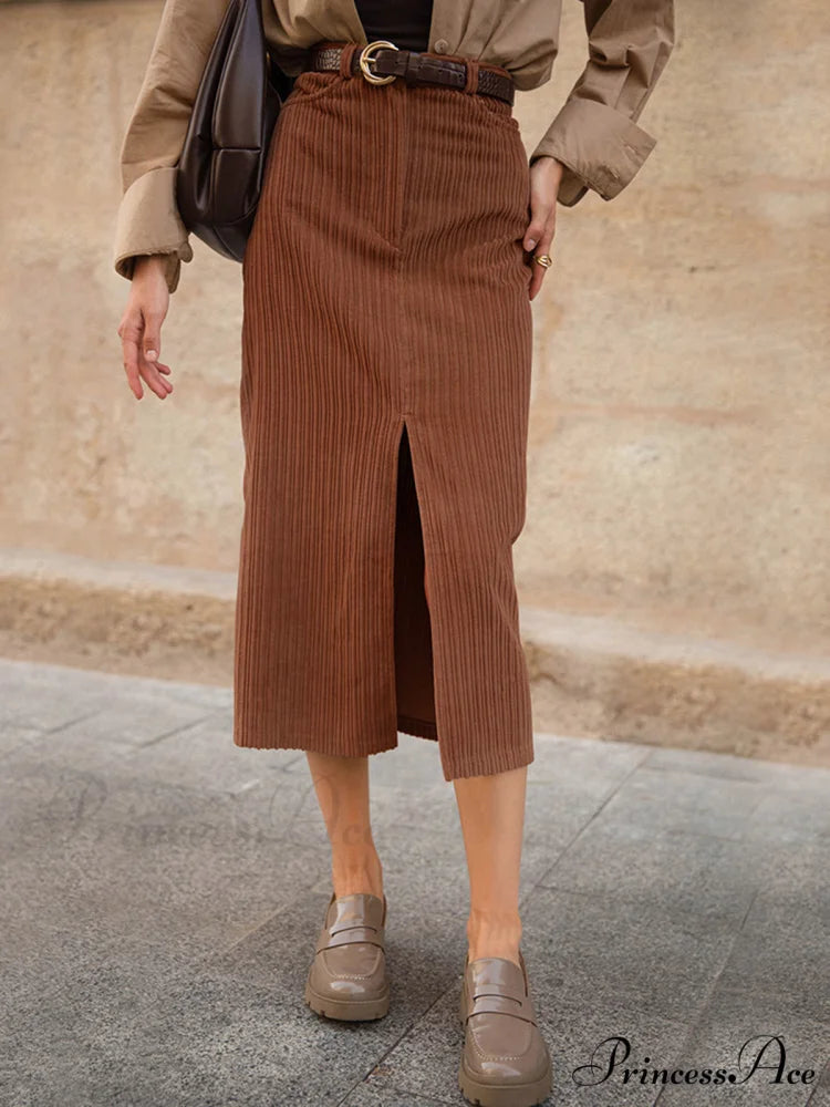 Caramel Corduroy Graceful Slit Midi Skirt