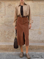 Caramel Corduroy Graceful Slit Midi Skirt