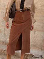 Caramel Corduroy Graceful Slit Midi Skirt