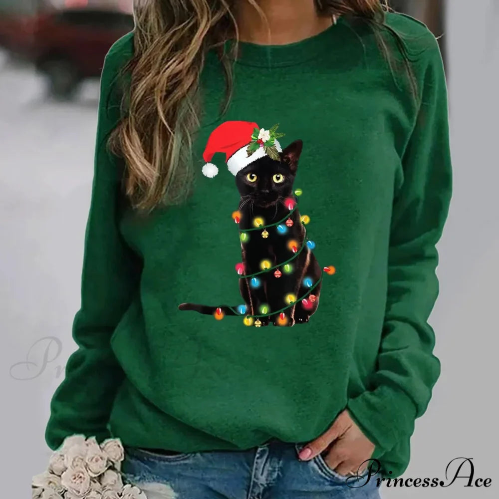 Cartoon Red Hat Black Cat Casual Long-Sleeved Crewneck Christmas Hoodie