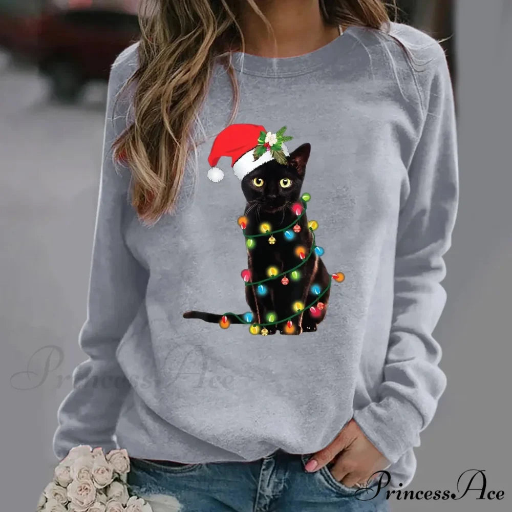 Cartoon Red Hat Black Cat Casual Long-Sleeved Crewneck Christmas Hoodie