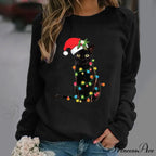 Cartoon Red Hat Black Cat Casual Long-Sleeved Crewneck Christmas Hoodie