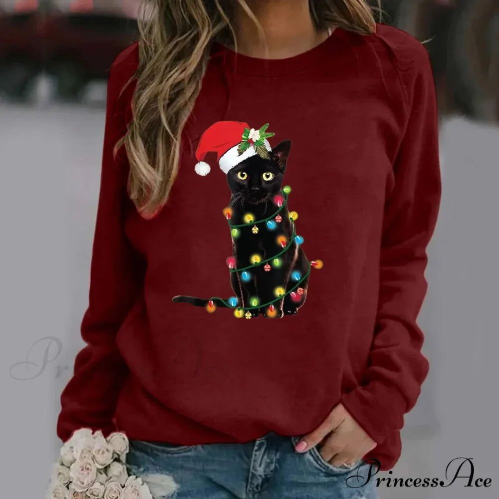 Cartoon Red Hat Black Cat Casual Long-Sleeved Crewneck Christmas Hoodie