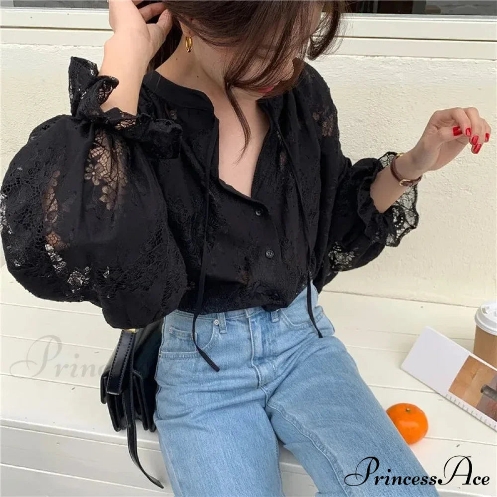 Carved Lantern Extended Sleeve Lace Blouse Tops