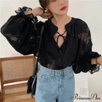 Carved Lantern Extended Sleeve Lace Blouse Tops