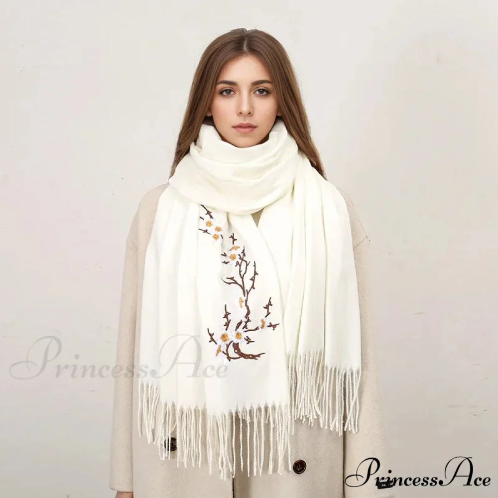 Cashmere Winter Flower Pashmina Shawl with Tassels