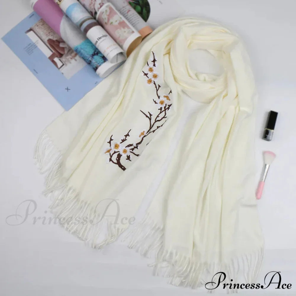 Cashmere Winter Flower Pashmina Shawl with Tassels