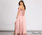Cassia Lace-Up Back Charming Off Shoulder Satin Dress