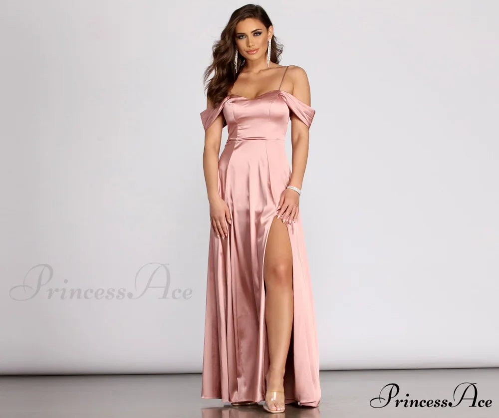 Cassia Lace-Up Back Charming Off Shoulder Satin Dress