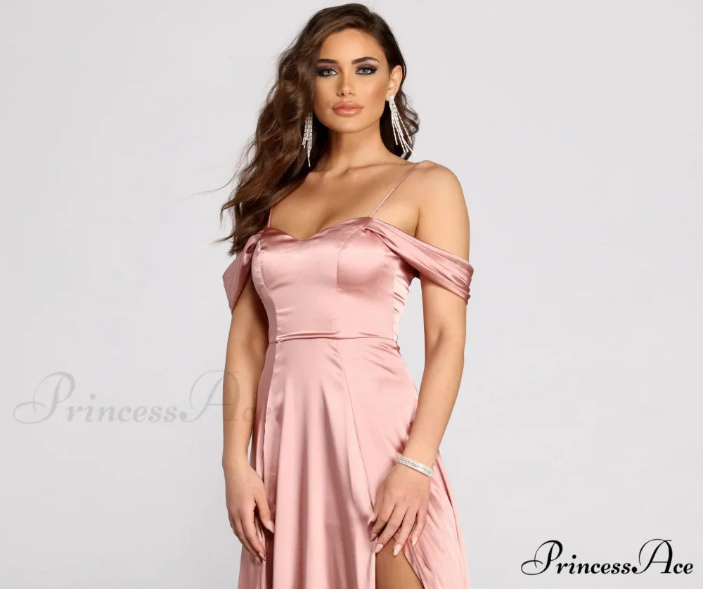 Cassia Lace-Up Back Charming Off Shoulder Satin Dress