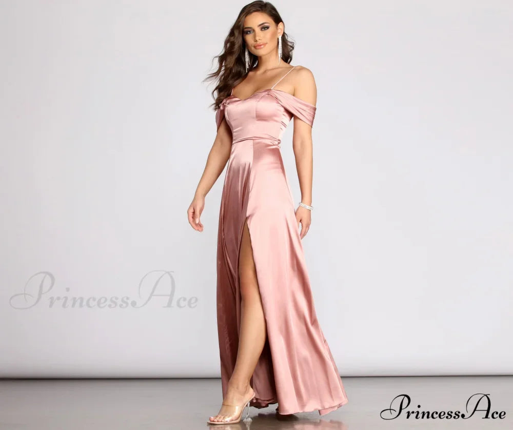 Cassia Lace-Up Back Charming Off Shoulder Satin Dress