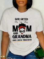 Casual Crew Neck Tee with Letter Print Easy-Care All-Season Knit Fabric Tribute to Mom & Grandma T-shirt