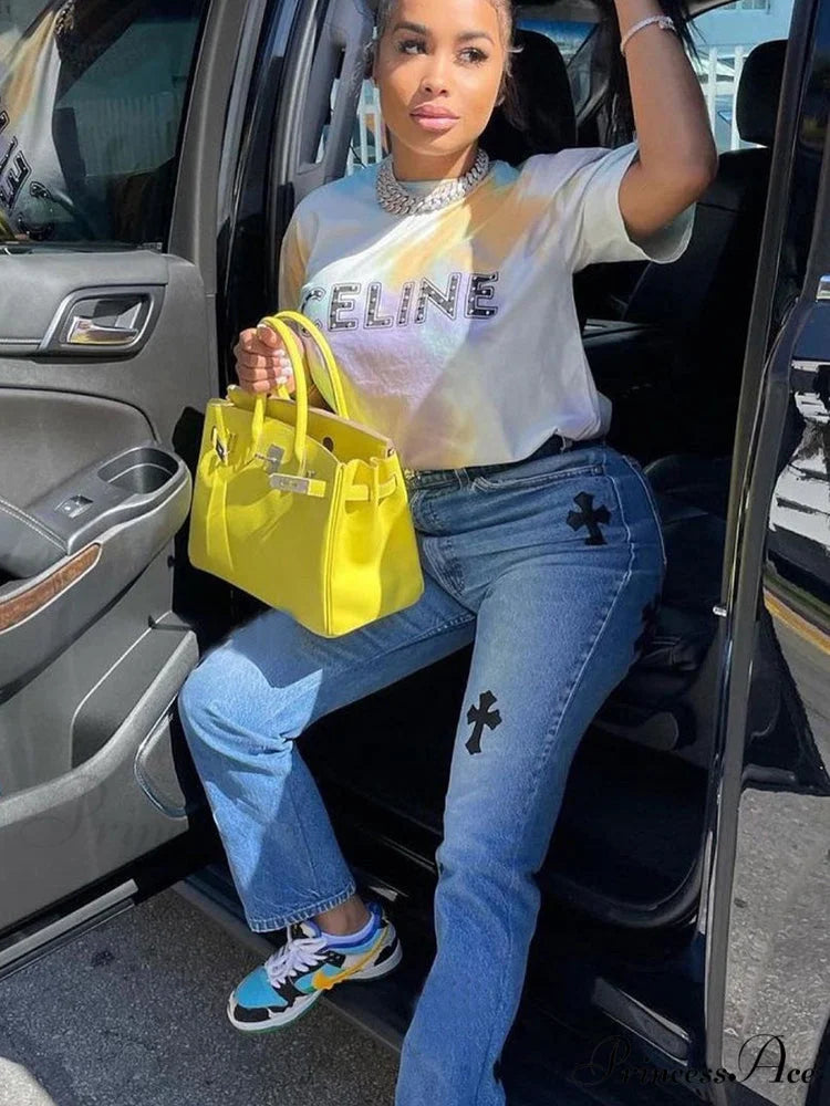 Casual Cross Printed Baggy Jeans